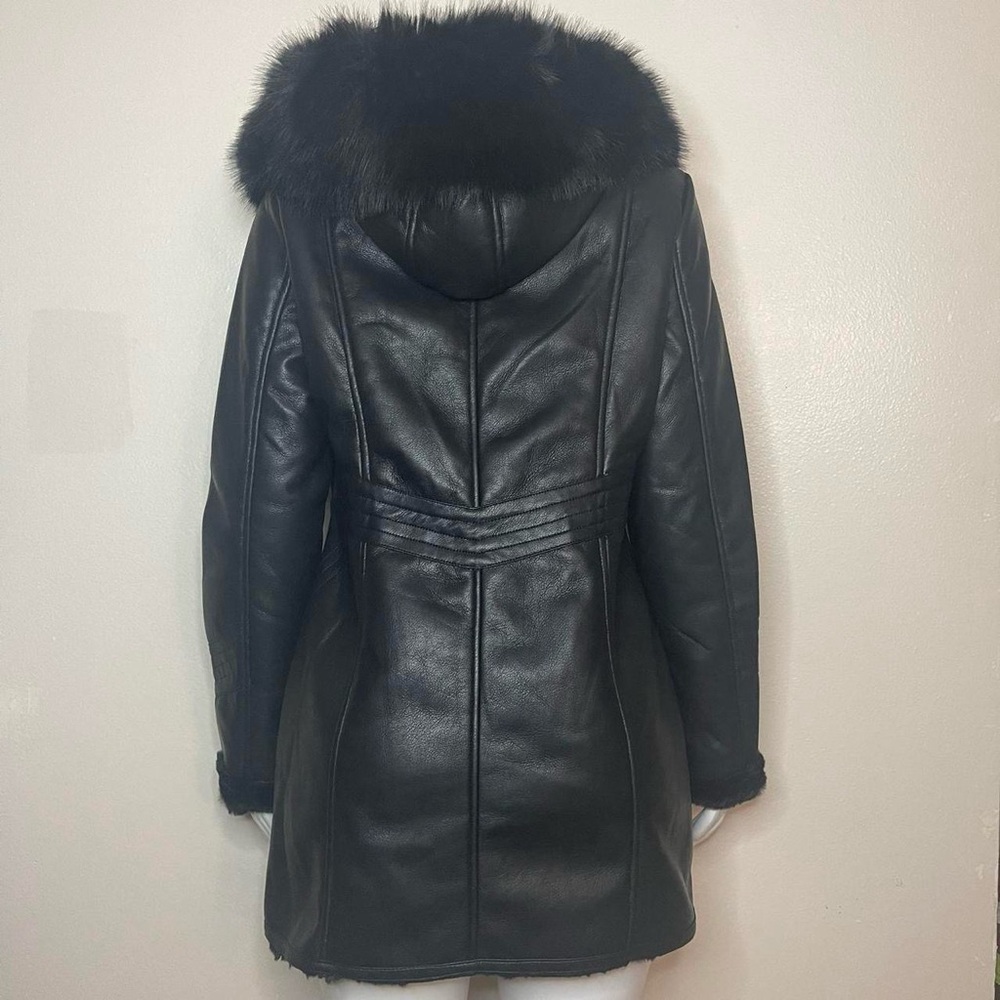 Black PU leather long jacket with sherpa lining removable faux fur on hoodie - Picture 3 of 14
